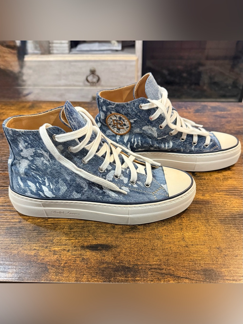 Ralph Lauren Collection Denim Floral High Top Sneakers Made in Italy 37.5 US 7.5